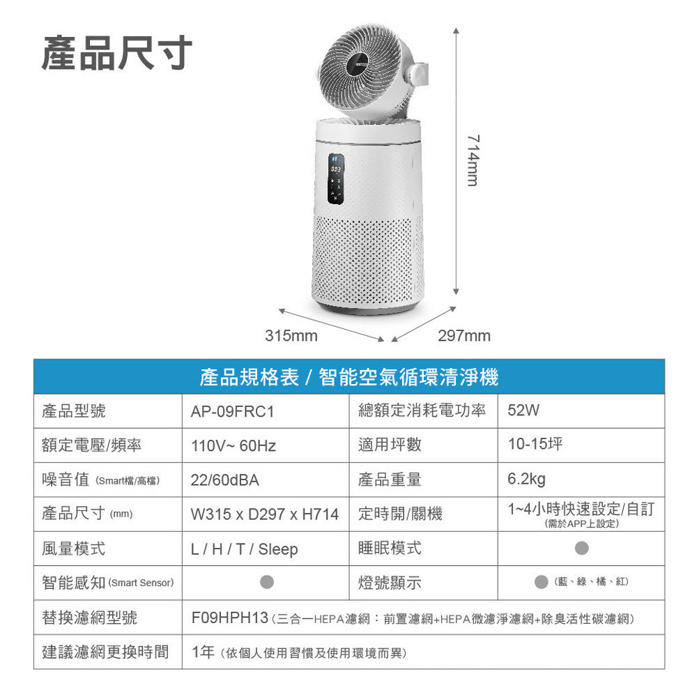 CHIMEI奇美三合一智慧空氣迴圈清淨機 AP-09FRC1