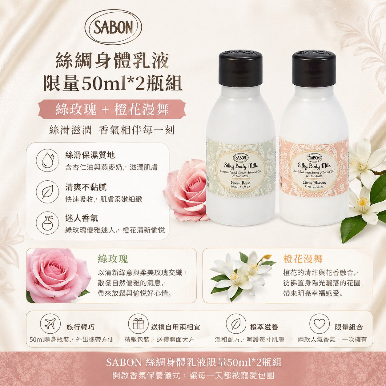 SABON 絲綢身體乳液限量50ml*2瓶組 (綠玫 瑰+橙花漫舞)