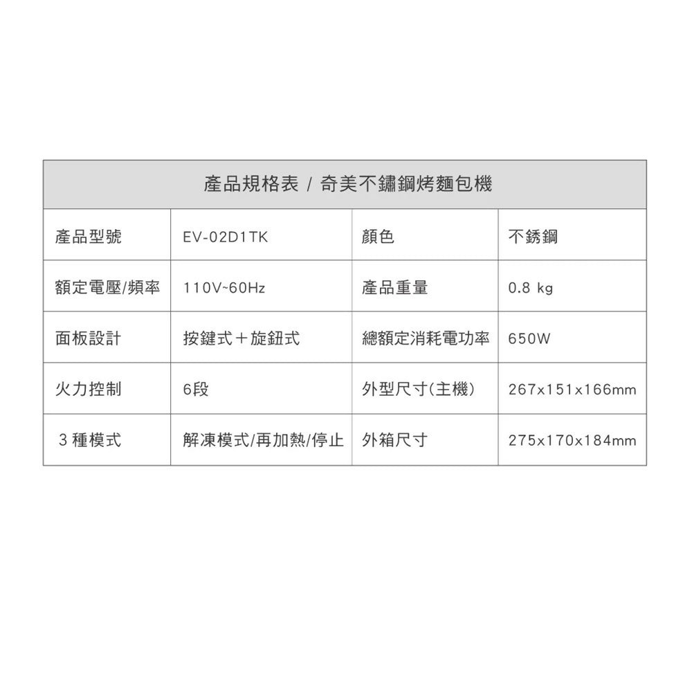 CHIMEI奇美不鏽鋼烤麵包機 EV-02D1TK