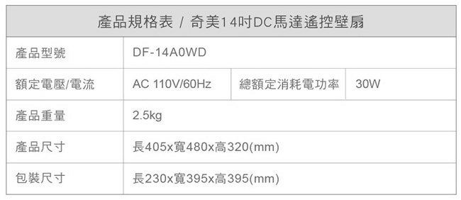 CHIMEI奇美14吋DC馬達遙控壁扇 DF-14A0WD